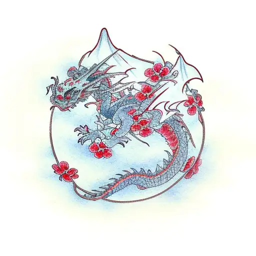 Dragon with red plum blossoms tattoo design idea
