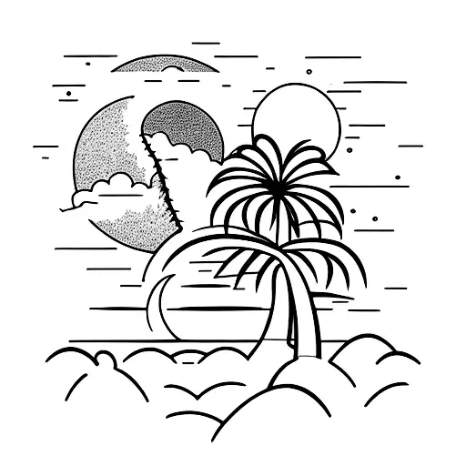 A serene African landscape with a palm tree and a moon in the sky tattoo design idea