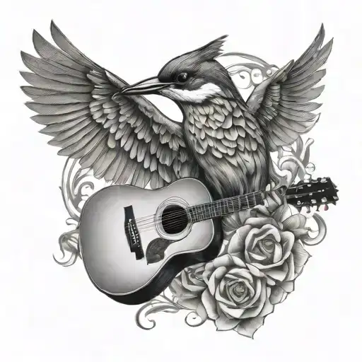 acoustic guitar , kingfisher flying tattoo design idea