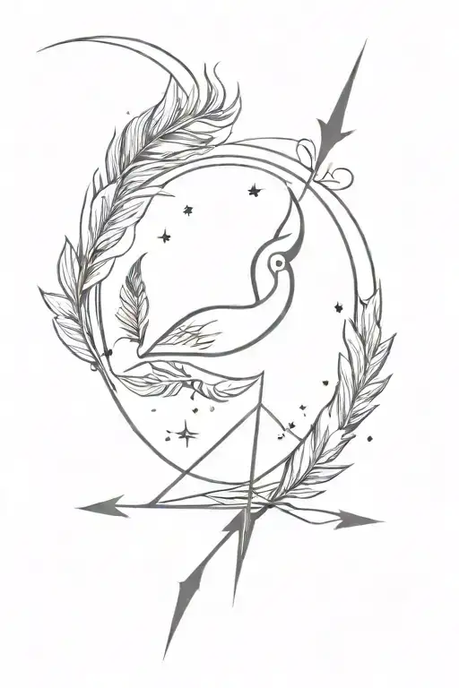 capricorn sign, moon, sun, star, feathers and arrow tattoo design idea