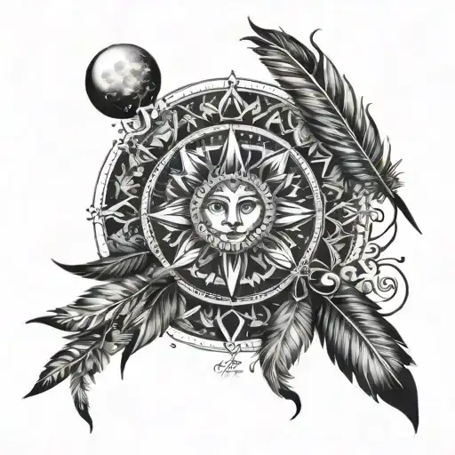 mandala, capricorn, moon, sun, star, feathers tattoo design idea