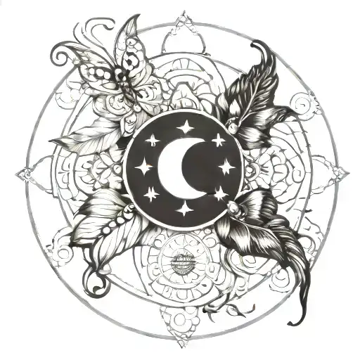 mandala, butterfly, moon, sun, feather, star, capricorn tattoo design idea
