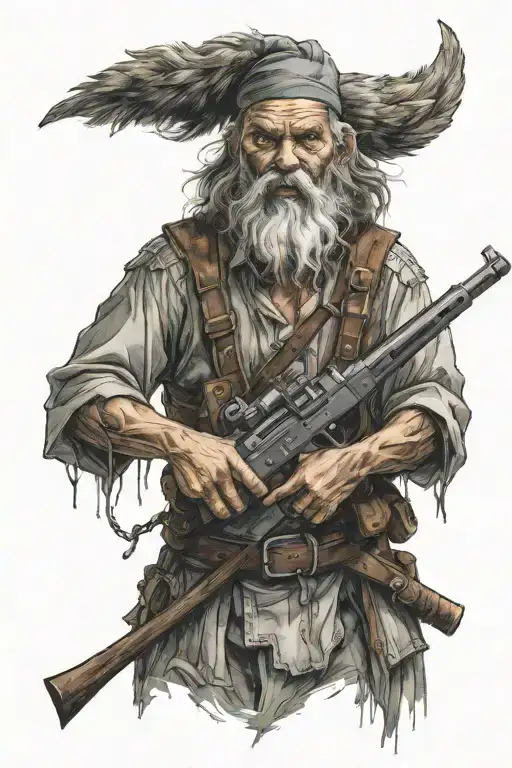 grizzled old warrior holding a weapon. his face is half bearded man and half wolf.  tattoo design idea
