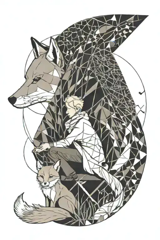 Little prince sitting with scarf blowing in the wind and fox next to him, minimalist landscape tattoo design idea