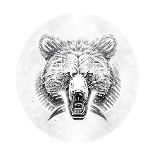 roaring bear, ancient clock, fantasy book elements, sci-fi book elements, reading, black hole or event horizon, dragons tattoo design idea