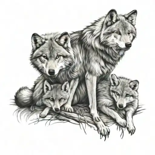 father wolf with two baby cubs cuddling together tattoo design idea
