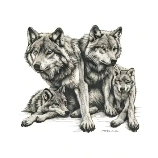 father wolf with two baby cubs cuddling tattoo design idea