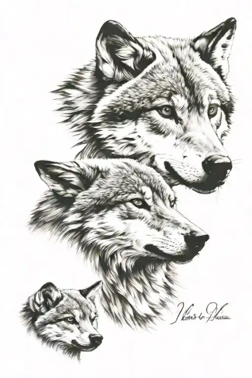 wolf with two baby cubs face only tattoo design idea