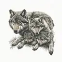 father wolf with two baby cubs cuddling tattoo design idea