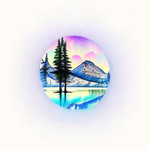 mountains with tree reflection on water sky aurora boralis stars tattoo design idea