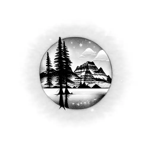glacier park mountains with tree reflection on water sky aurora boralis stars tattoo design idea