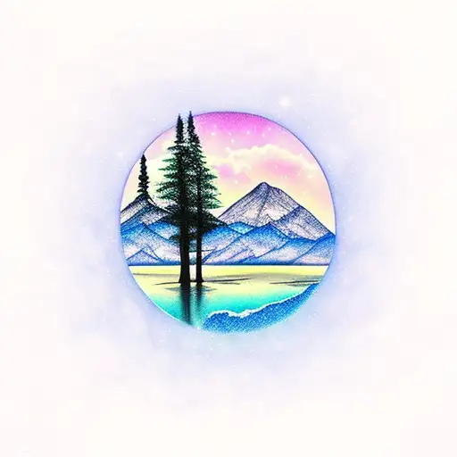 mountains with tree reflection on water sky aurora boralis stars tattoo design idea