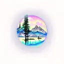 mountains with tree reflection on water sky aurora boralis stars tattoo design idea