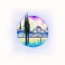 mountains with tree reflection on water sky aurora boralis stars tattoo design idea