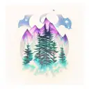 mountains with tree reflection on water sky aurora boralis stars tattoo design idea