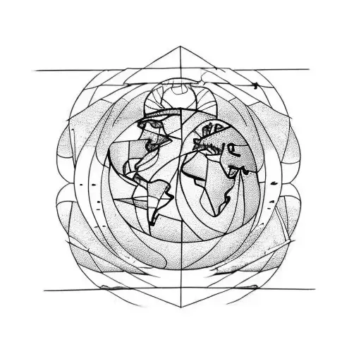 earth tattoo with small plane, skydiving and camper made in a geometric style tattoo design idea