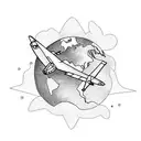 earth tattoo with small plane, skydiving and camper tattoo design idea