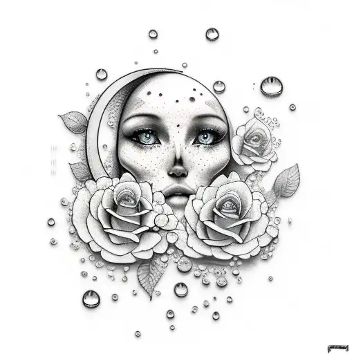 Water droplets turning into flowers under the moon tattoo design idea