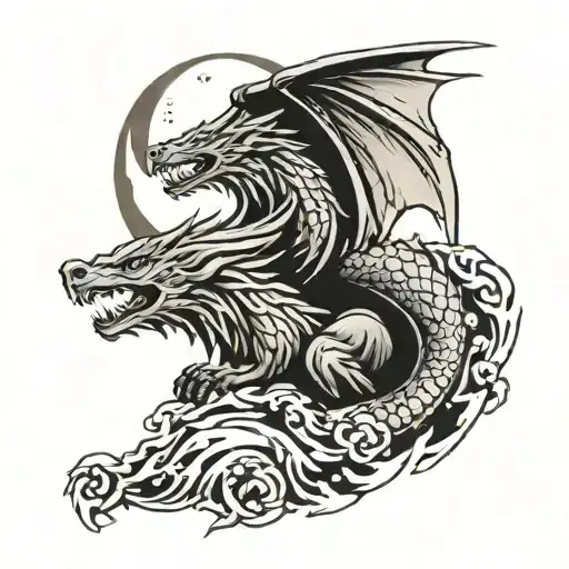 dragon wolf howling at the moon tattoo design idea