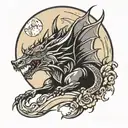 dragon wolf howling at the moon tattoo design idea