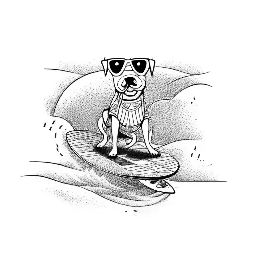 A dog riding a surfboard with musical notes as waves tattoo design idea