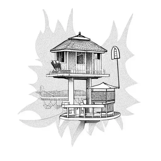 A lifeguard tower surrounded by a school of fish tattoo design idea