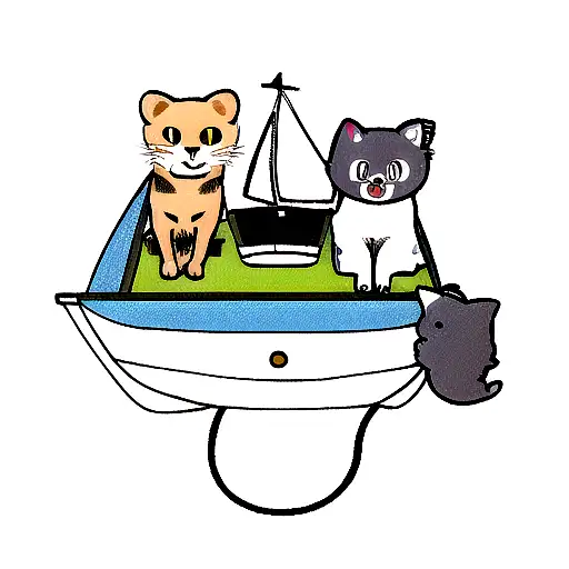 A minimalist tattoo of a computer mouse transformed into a sailboat with cats and dogs as passengers tattoo design idea