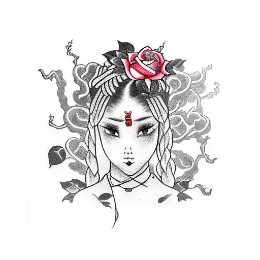 a girl braided by a rose vine with a dagger in her hand and playing cards around tattoo design idea