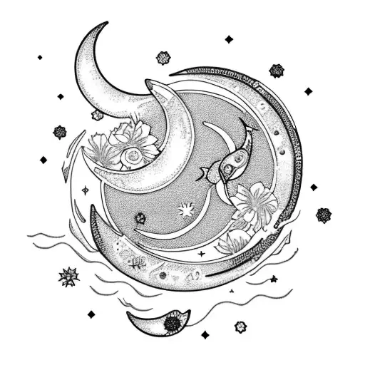 crescent moon with pisces constellation and peony flowers tattoo design idea
