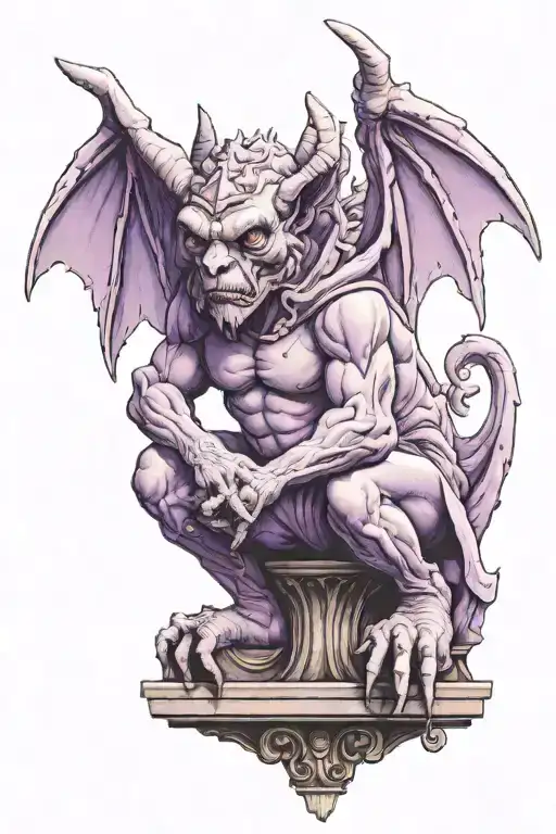 A purple shaded protective chubby gargoyle with long horns, wings spread, tail curved around, sitting on a gothic ledge  tattoo design idea