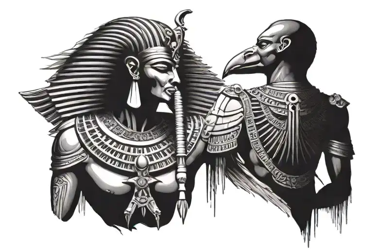 depictions of horus on one shoulder Osiris on the other each meeting at to collarbone forming a pharaoh's neck collar tattoo design idea