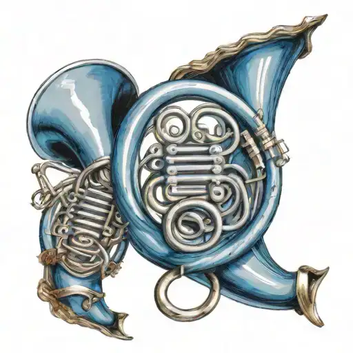Create a tattoo of a blue French horn intertwined with two Basket-hilted swords tattoo design idea