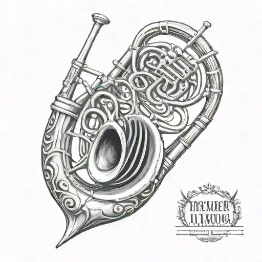 Create a tattoo of a French horn with two Basket-hilted swords tattoo design idea