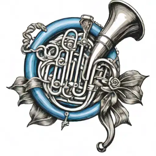 Create a tattoo of a blue French horn intertwined with two basket hilt cross like a X tattoo design idea