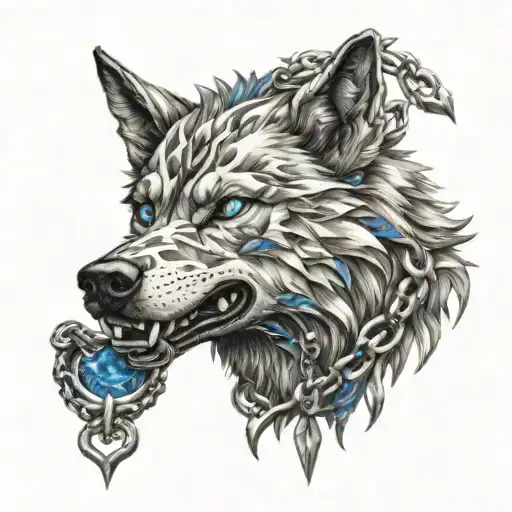 fenrir with blue eyes and chains  tattoo design idea