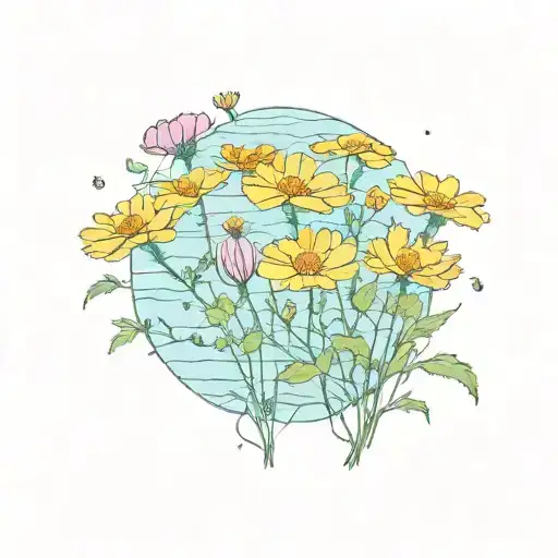 marigold and cosmos flowers with ocean tattoo design idea