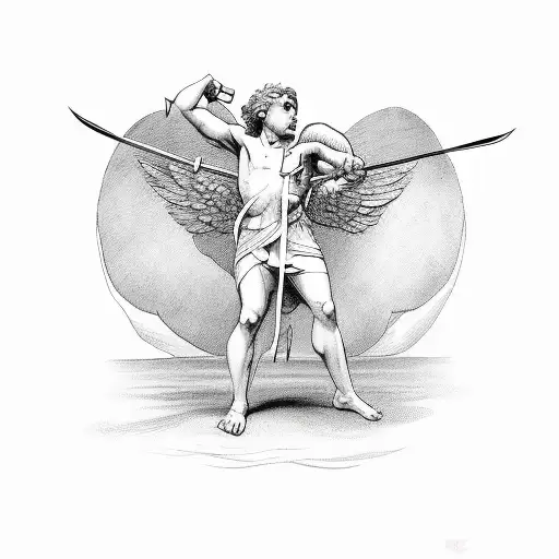 cupid stabbing man through the heart tattoo design idea