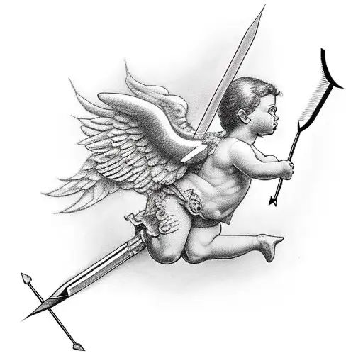 cupid stabbing some through the chest with and arrow with the subjects heart in the end of it but as a tattoo tattoo design idea