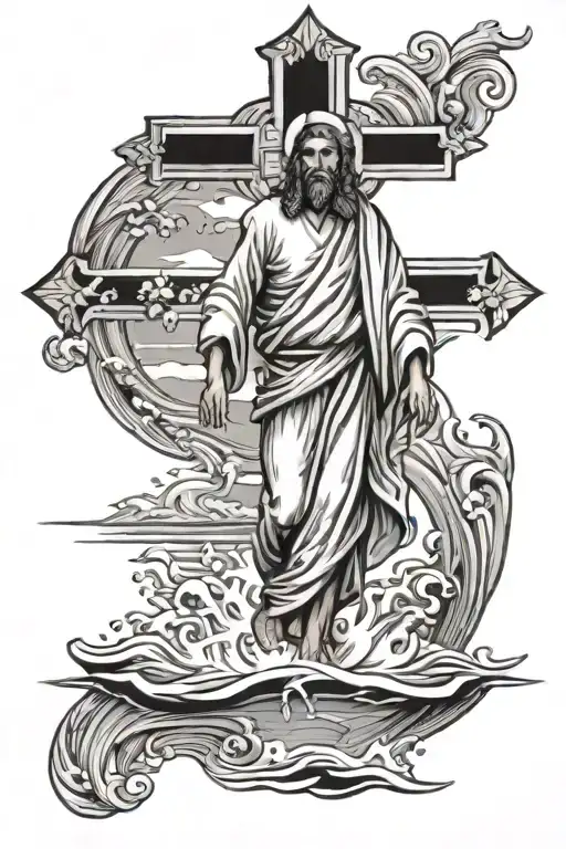 Christian Faith Cross Peter Walking on Water Jesus  tattoo design idea