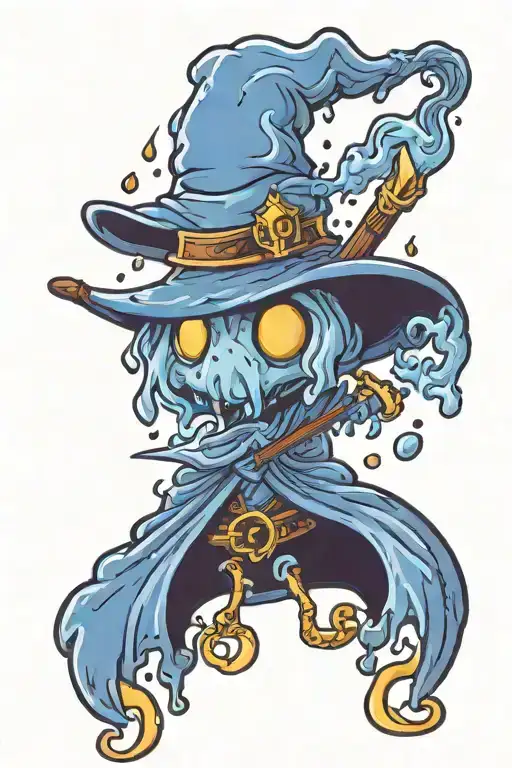 blue slime with wizard hat, staff and spellbook caating fireball tattoo design idea