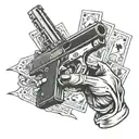 skeleton hand with a gun that shoots cards tattoo design idea