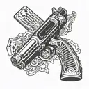 skeleton hand with a gun that shoots cards tattoo design idea
