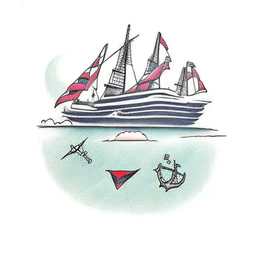 The ship sails on the sea, the steering wheel from below tattoo design idea