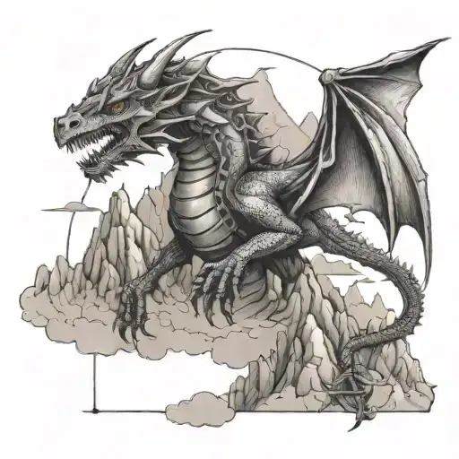 A mechanical dragon flying over a mountain range, inspired by science fiction and mythology tattoo design idea