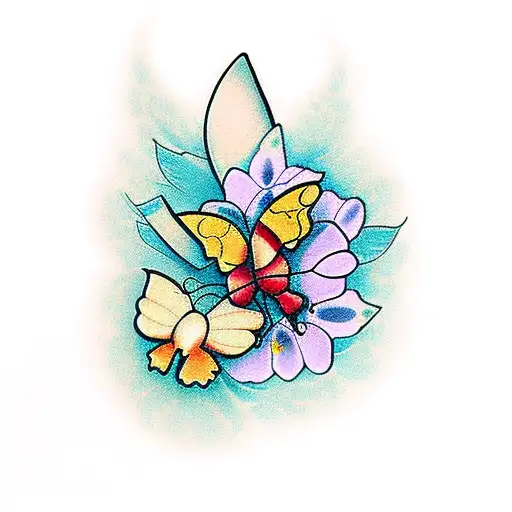 1 flower with 3 butterflies  tattoo design idea