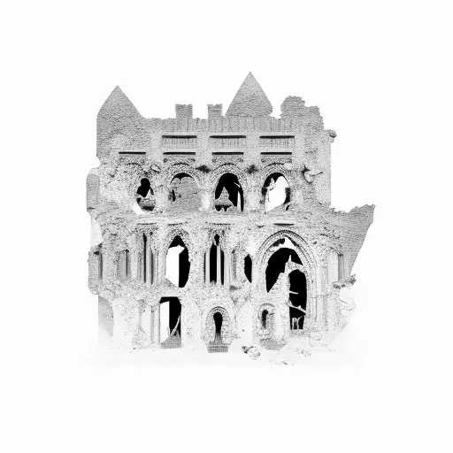 crumbling gothic ruins floating with a skeleton smoking tattoo design idea