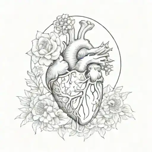 anatomical heart, flowers, sun, moon, mushroom tattoo design idea