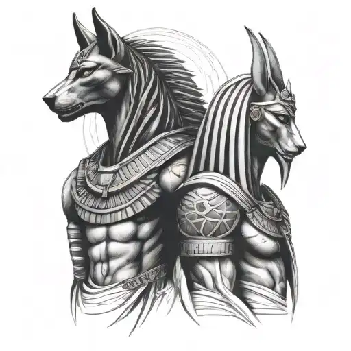 egyptian gods Anubis, ra and Thoth sleeve tattoo with each of them one above the other  tattoo design idea