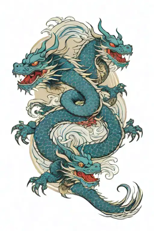 Dragons with ocean background and Hanya mask tattoo design idea