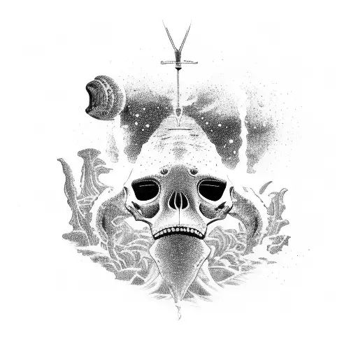 combine the whale from gojiras album "from mars to sirius" with the skeleton from their album"the way of all flesh" tattoo design idea